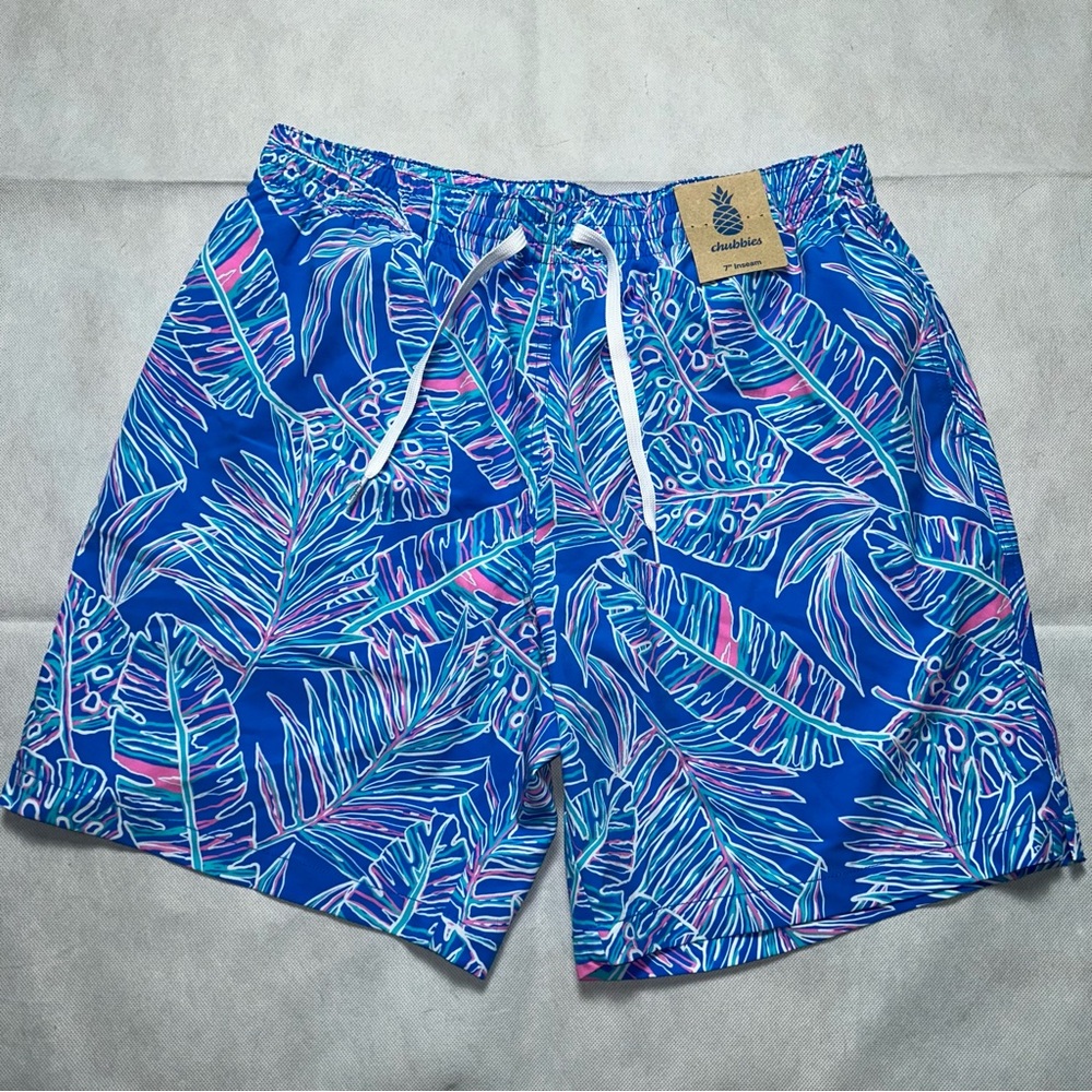 chubbies Blue Tropical Leaf Print Swim Trunks